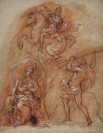 寓言与马术纪念碑，密涅瓦和海王星`Allegory with an equestrian monument, Minerva and Neptune (1653 – 1713) by Giuseppe Passeri