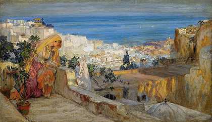 屋顶上的阿拉伯女人，阿尔及尔之外`Arab Women On A Rooftop, Algiers Beyond by Frederick Arthur Bridgman