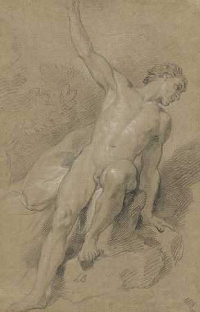 男性裸体坐在岩石上`Male Nude Seated on Rocks (c. 1710) by Louis de Boullogne the Younger