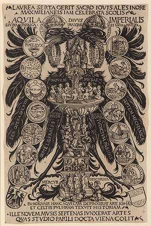 康拉德·塞尔蒂斯的寓言帝国之鹰，带有艺术、缪斯之泉和巴黎的裁决`Allegorischer Reichsadler des Konrad Celtis mit den Künsten, dem Musenbrunnen und dem Urteil des Paris (1507) by Hans Burgkmair The Elder
