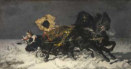 午夜骑行`Midnight Ride (1873) by Jozef Chelmonski