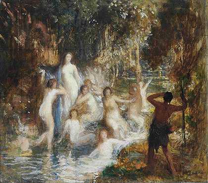 溪流中的寓言人物`Allegorical figures in a stream by George Spencer Watson