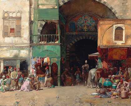 君士坦丁堡集市入口处的集市`Marketplace At The Entrance To A Bazaar, Constantinople by Alberto Pasini