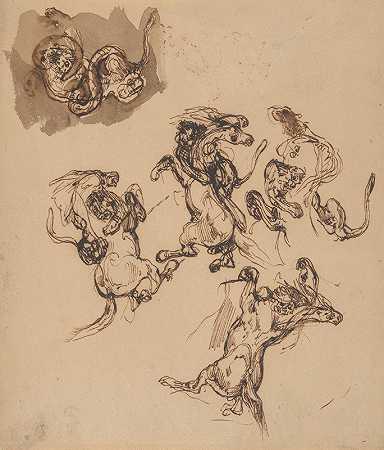 一匹被攻击的饲养马的研究`Studies of a Rearing Horse Attacked by a Lion and a Lion Wrestling with a Serpent (1830s) by a Lion and a Lion Wrestling with a Serpent by Eugène Delacroix
