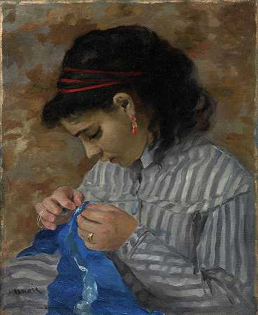 Lise缝纫`Lise Sewing by Pierre-Auguste Renoir