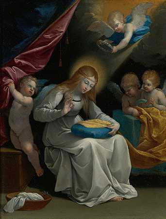 女子缝纫，由四位天使陪同，被称为拉库塞`The Virgin Sewing, Accompanied By Four Angels, Known As La Couseuse by Guido Reni