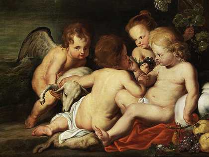 基督之子与婴儿圣约翰、施洗者和普蒂一起出现在风景中` The Christ Child With The Infant Saint John The Baptist And Putti In A Landscape by Peter Paul Rubens