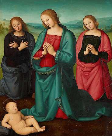 圣母和圣徒崇拜基督的孩子`Virgin and Saints Adoring the Christ Child (1450~1523) by Pietro Perugino