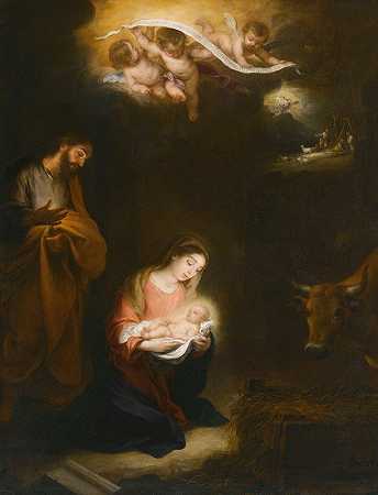 一个夜晚的场景，伴随着耶稣降生和对远处牧羊人的报喜`A Nocturnal Scene With The Nativity And The Annunciation To The Shepherds Beyond by Bartolomé Estebán Murillo
