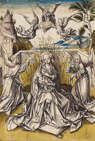 麦当娜与风景中的天使`Madonna with angels in a landscape (1500) by Workshop of Hans Holbein the elder