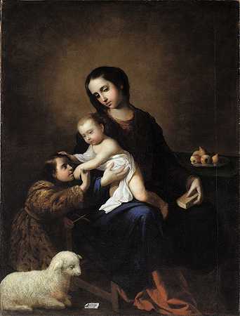圣母玛利亚和婴儿圣约翰浸信会`The Virgin And Child With The Infant St John The Baptist (1662) by Francisco de Zurbarán