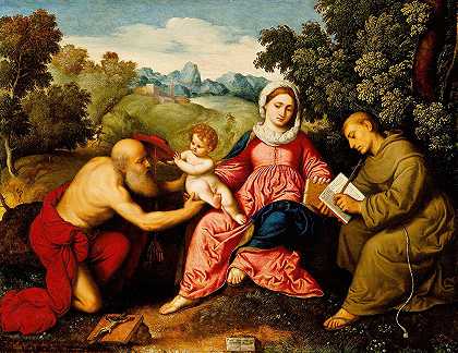 麦当娜和圣人杰罗姆和弗朗西斯的孩子`Madonna and Child with Saints Jerome and Francis (1525) by Paris Bordone
