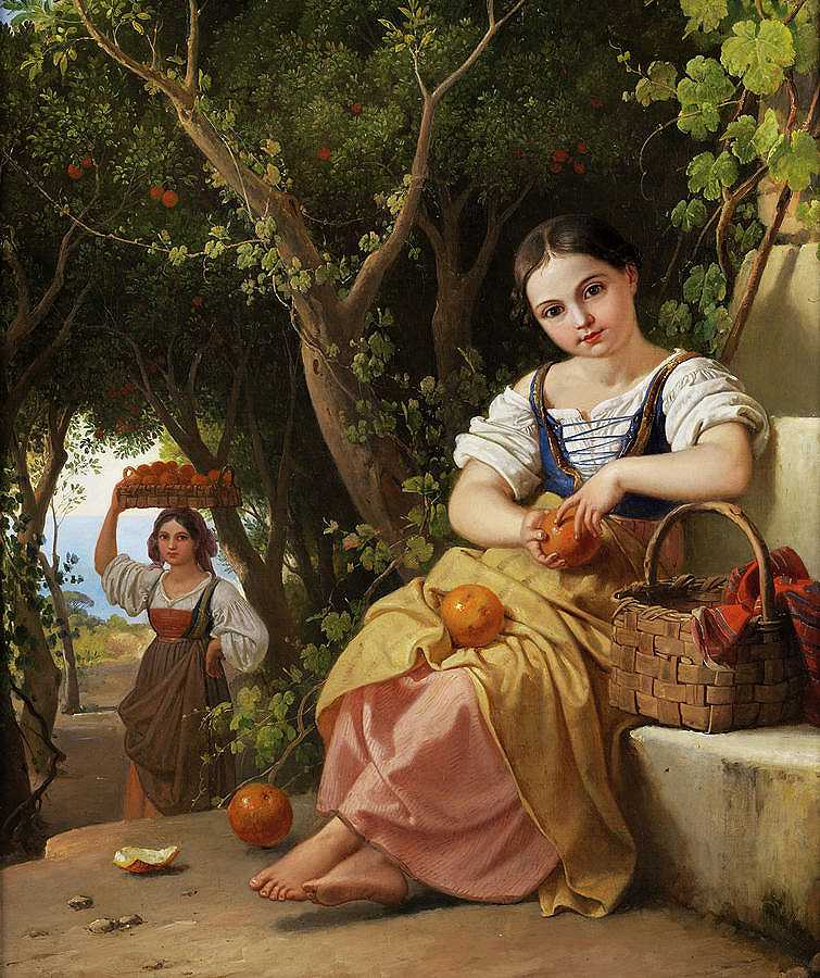 带橘子的意大利女孩`Italian Girl with Oranges by Franz Ludwig Catel