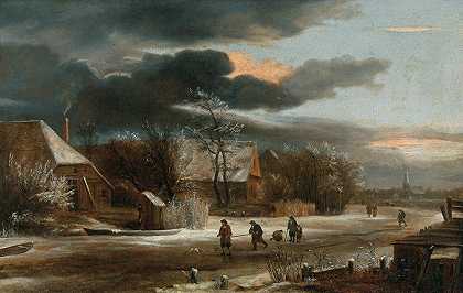 有一个村庄和一条冰冻的运河的冬季景观`A winter landscape with a village and a frozen canal by Jacob van Ruisdael