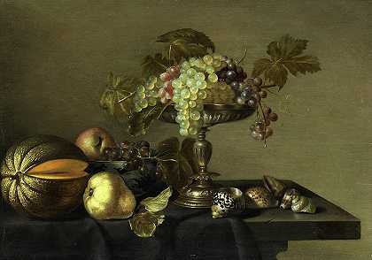 带着水果和贝壳的早晨静物画`Morning Still Life with Fruits and Shells by Cornelis Jacobsz Delff