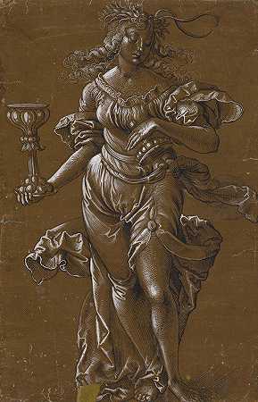 举着杯子的寓言女性形象（福图纳）`Allegorische Frauengestalt, einen Pokal haltend (Fortuna) (1519) by Hans Baldung