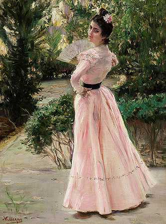 夏日穿着粉色衣服的优雅女士`An elegant lady on a summer\’s day dressed in pink by Jose Villegas y Cordero