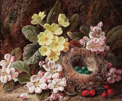 苹果花、报春花和小鸟的静物画鸟巢`Still Life with Apple Blossom, Primroses, and Birds Nest by George Clare