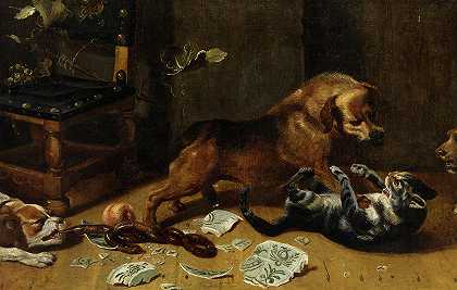 在厨房里与猫狗搏斗`Fighting Dogs and Cats in a Kitchen by Frans Snyders