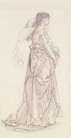 圣乔治系列-女服务员研究公主领着龙二、`St George Series – Study of Female Attendant for ;The Princess led to the Dragon II by Sir Edward Coley Burne-Jones