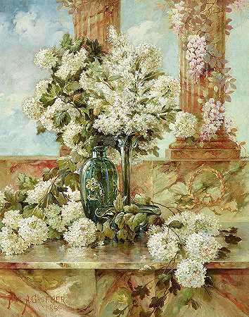 大理石壁架上有绣球花和丁香的静物画`Still Life with Hydrangeas and Lilacs on a Marble Ledge by Paul Groeber