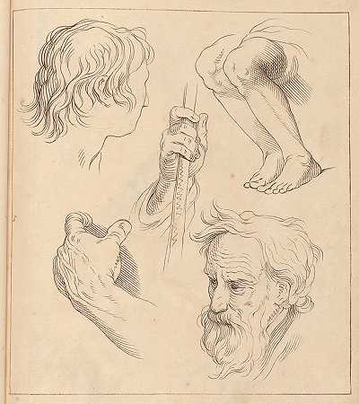 手、头和腿的草图`Sketches of Hands, Heads, and Legs (1716) by Hamlet Winstanley