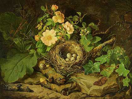 茶玫瑰间的鸟巢`A bird\’s nest among tea roses by Josef Lauer