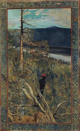 大黑啄木鸟`The Great Black Woodpecker (1893) by Akseli Gallen-Kallela