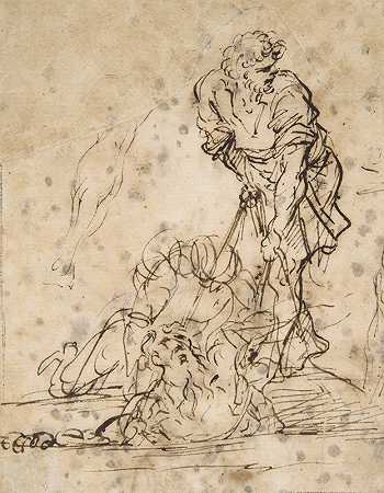 对从坟墓或坑中抬起的人像的研究`Studies for a Figure Lifted from a Grave or Pit by Cords. (1615–73) by Cords. by Salvator Rosa