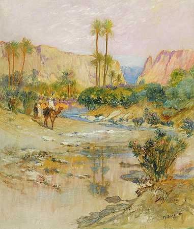 绿洲之旅`Travelers at the oasis by Frederick Arthur Bridgman