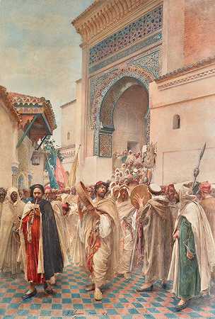 在特莱姆肯西迪·布梅迪尼清真寺外举行庆祝活动`Celebration Outside The mosque Of Sidi Boumediene, tlemcen (1898) by Gustavo Simoni