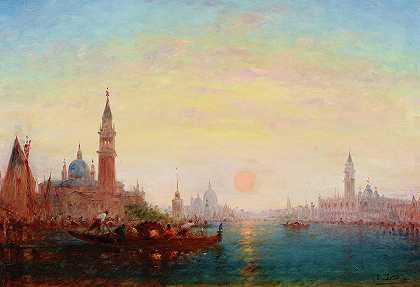 威尼斯大运河上的日落`Sunset on the Grand Canal, Venice by Charles Clement Calderon