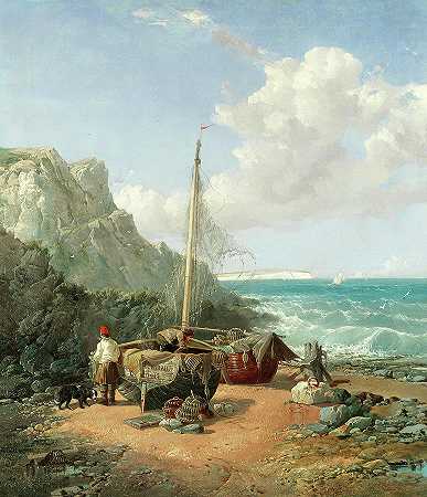 渔民们在岸上晒网`Fishermen drying their nets on the shore by James Webb