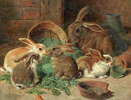一只母兔和她的幼兔`A Mother Rabbit and her young by Alfred Richardson Barber