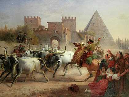 在罗马圣保罗门和塞斯提乌斯金字塔前驱赶牲畜`Driving cattle before the Porta San Paolo and Pyramid of Cestius, Rome by Dietrich Wilhelm Lindau