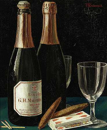 香槟、雪茄和一副扑克牌的静物画`Still life with champagne, cigars, and a pack of playing cards by Victor Dubreuil