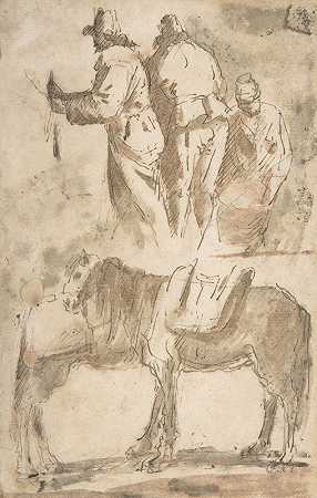 研究报告上面三幅图，下面是对马的研究`Sheet of Studies; Three Figures Above, Studies of Horses Below (1612–75) by Domenico Gargiulo