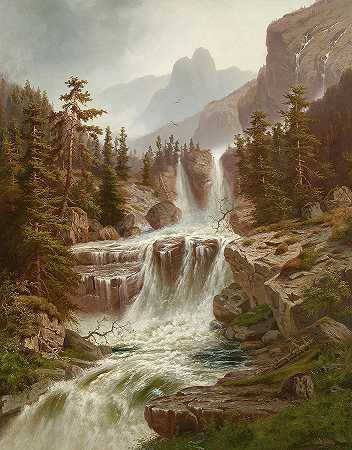 咆哮的高山瀑布`Roaring Alpine Waterfall by Hermann Herzog