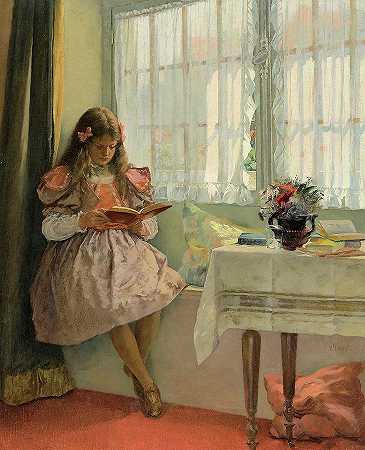 在窗边读书的年轻女孩`Young Girl Reading by the Window by Walter MacEwen