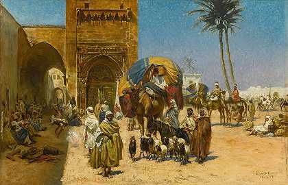 清真寺外的商队`A Caravan Outside Of A Mosque (1891) by Ferencz Eisenhut