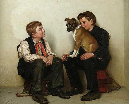 两个擦鞋的男孩和一条狗`Two Shoeshine Boys with a Dog by John George Brown