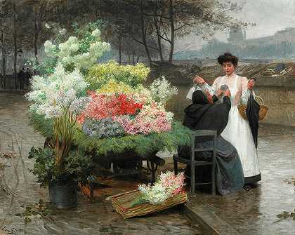 巴黎码头上的卖花小贩`The flower vendor on the Quays in Paris by Victor-Gabriel Gilbert