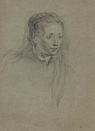 戴着面纱、梳着辫子的年轻女子`Young Woman with Braided Hair and a Veil (c. 1610) by Ottavio Leoni
