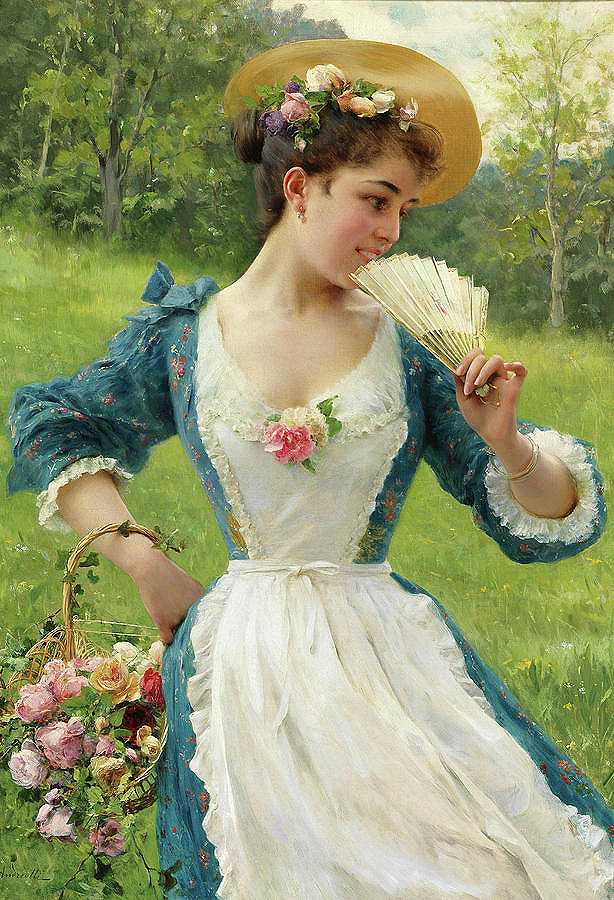 拿着一篮玫瑰的年轻漂亮女人`Young beautiful woman with a basket of roses by Federico Andreotti