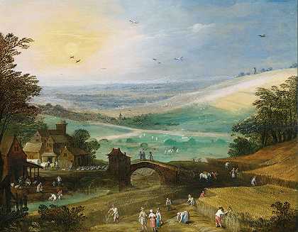 夏季的风景，人物带来了丰收`A Summer Landscape With Figures Bringing In The Harvest by Joos de Momper