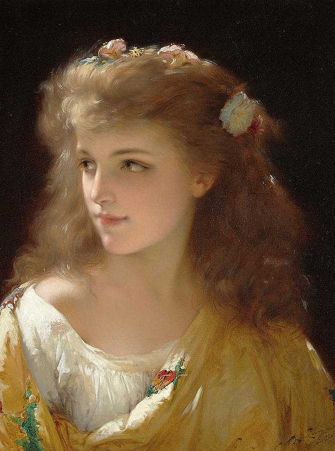 一位年轻女子的肖像`A portrait of a young woman by Pierre Olivier Joseph Coomans