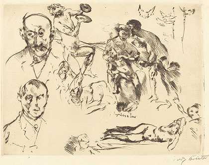 素描板，包括马克斯·利伯曼的一幅`Plate of Sketches, including one of Max Liebermann (c. 1915) by Lovis Corinth