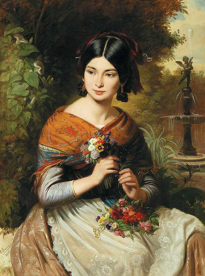 有花的女孩`A girl with flowers by Josef Borsos