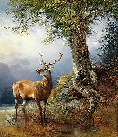 戈索湖边的一只牡鹿，背景是达克斯坦地块`A stag by Lake Gosau, in the background the Dachstein massif by Friedrich Gauermann