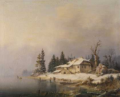 冬日湖畔的农场`Bauernhof am winterlichen See (1850) by Marcus Pernhardt